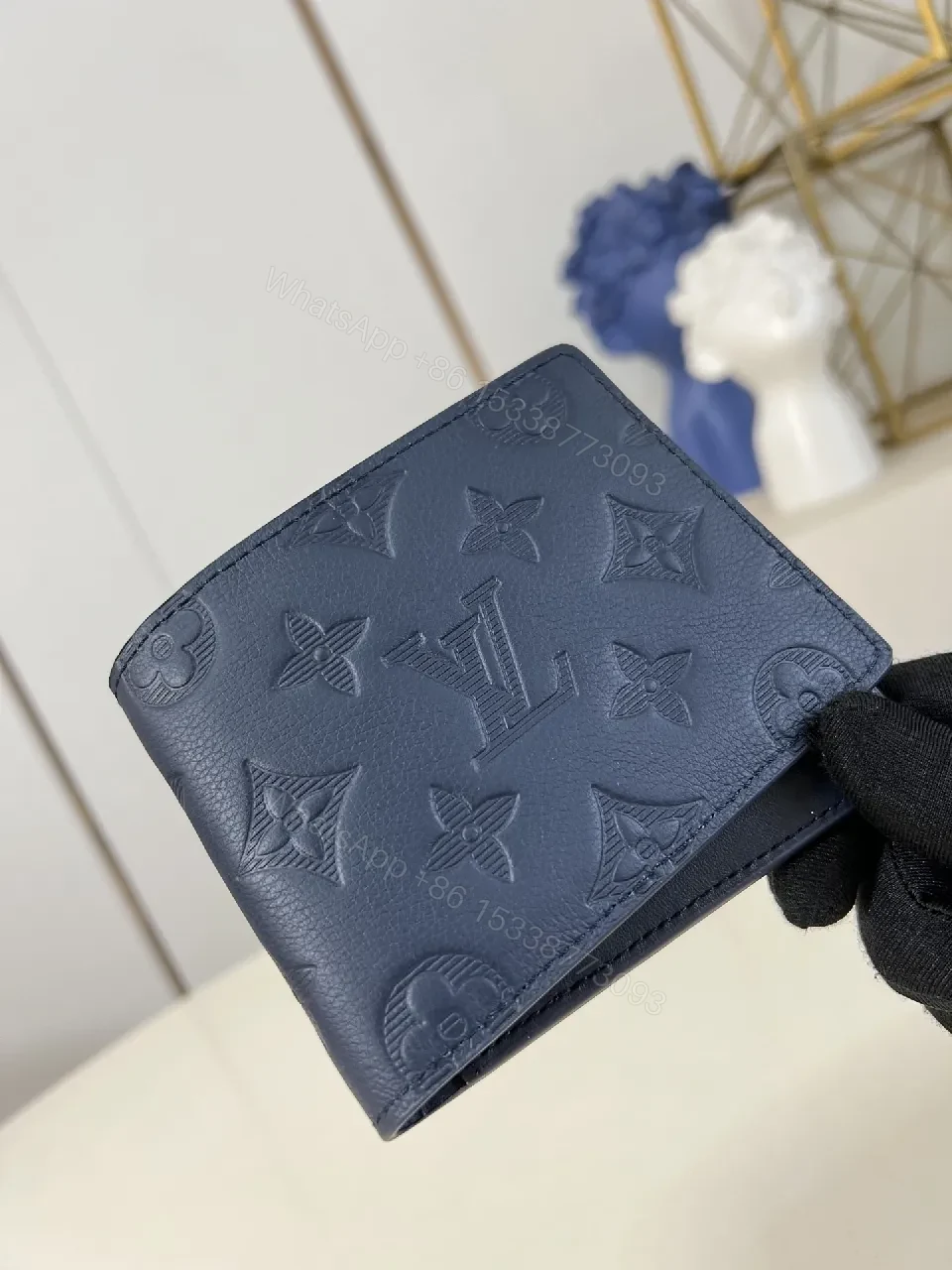 View 5 of Navy Leather Monogram Wallet — Compact Luxury, Everyday Function