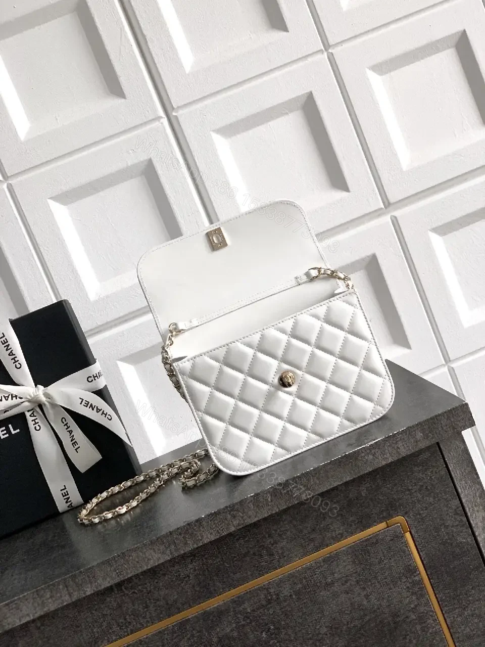 View 4 of Pearl-Chain Quilted Mini Bag - White Leather, Gold Accent, Crossbody Compact