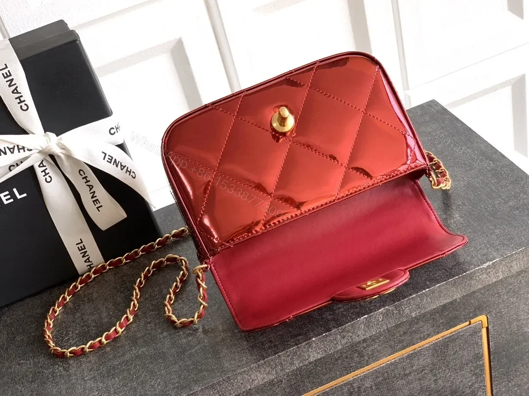 View 7 of Quilted Burgundy Mini Bag, Gold Clasp, Chain Crossbody