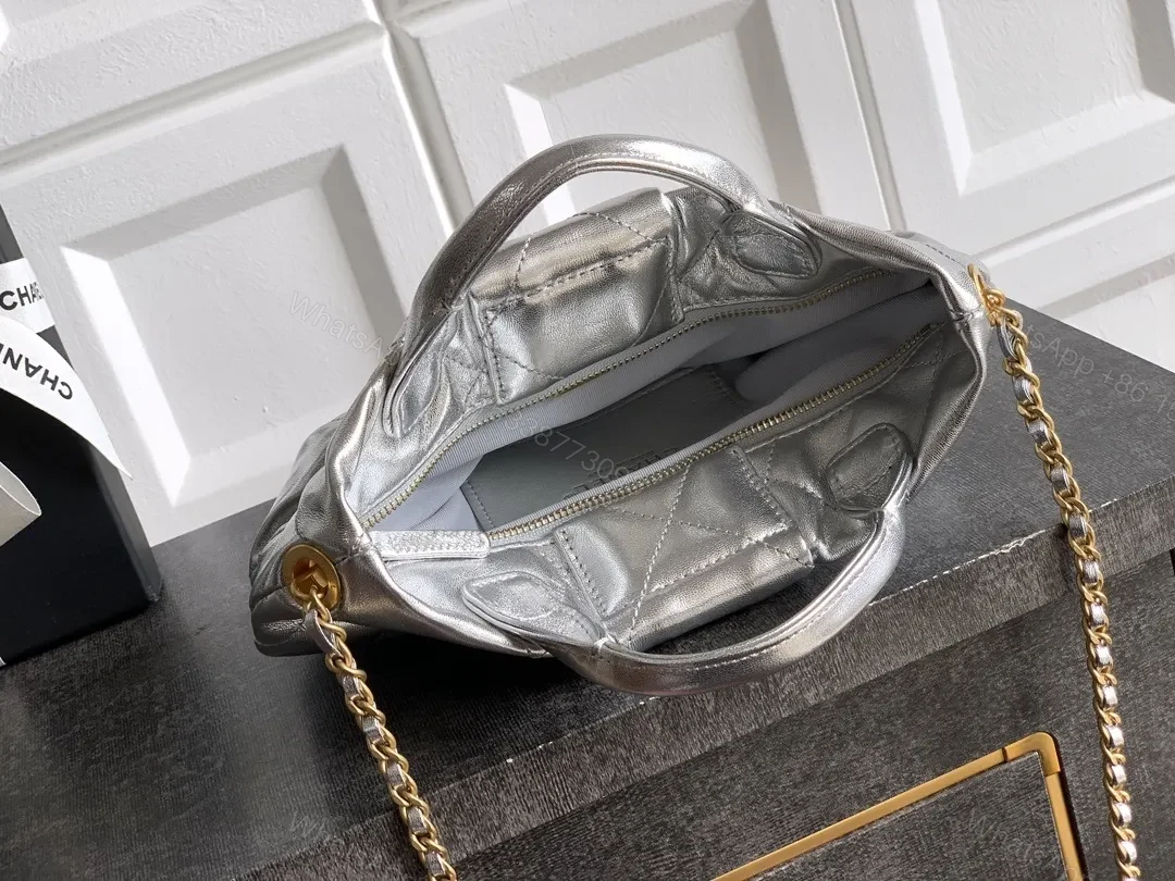 View 9 of Shimmer Quilted Metallic Handbag with Gold Hardware