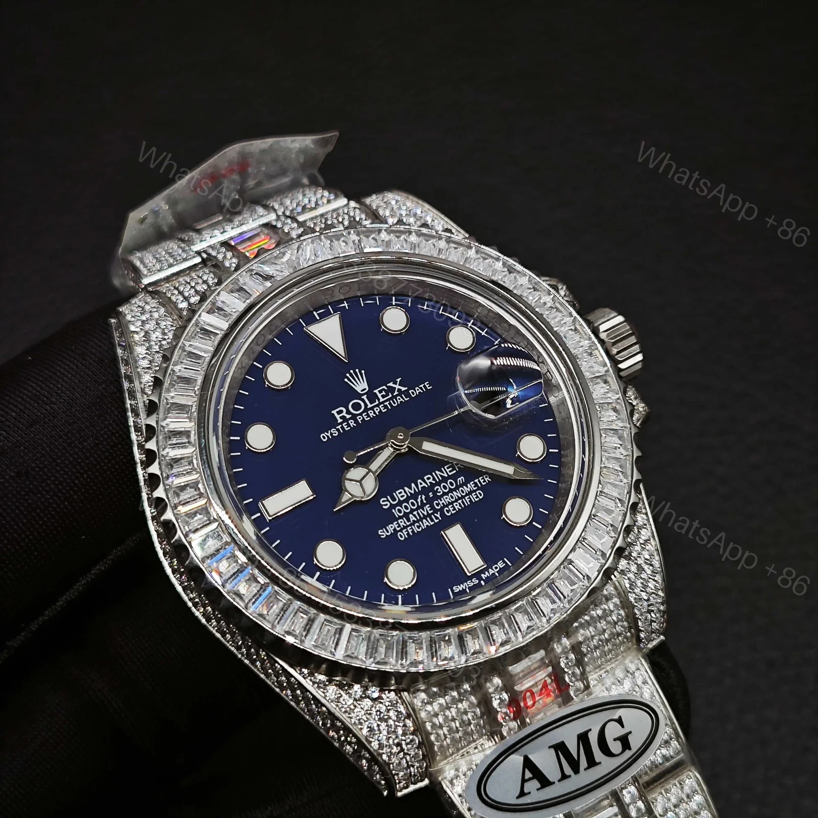 View 4 of Rolex Submariner Blue Dial Diamond Replica 40MM Exclusive Full Pavé Oyster Bracelet RG-ROLEX-SUB-BLUE-PAVE-40