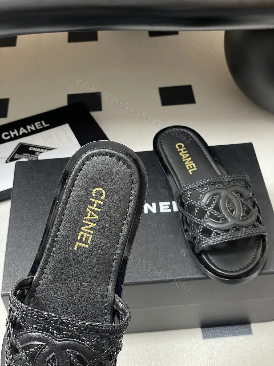 View 9 of Black Quilted Slide with Interlock Crest - Elevated Comfort Slipper