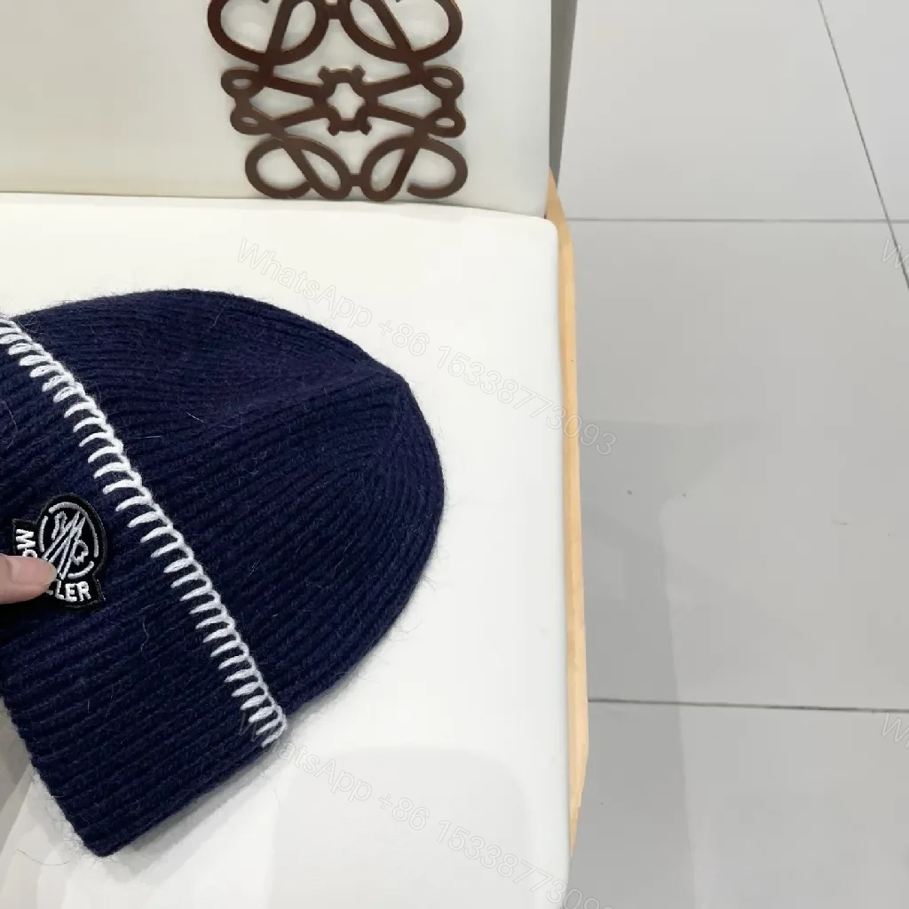 View 7 of Navy Knit Beanie with Contrast Stitch, Fold-Over Cuff