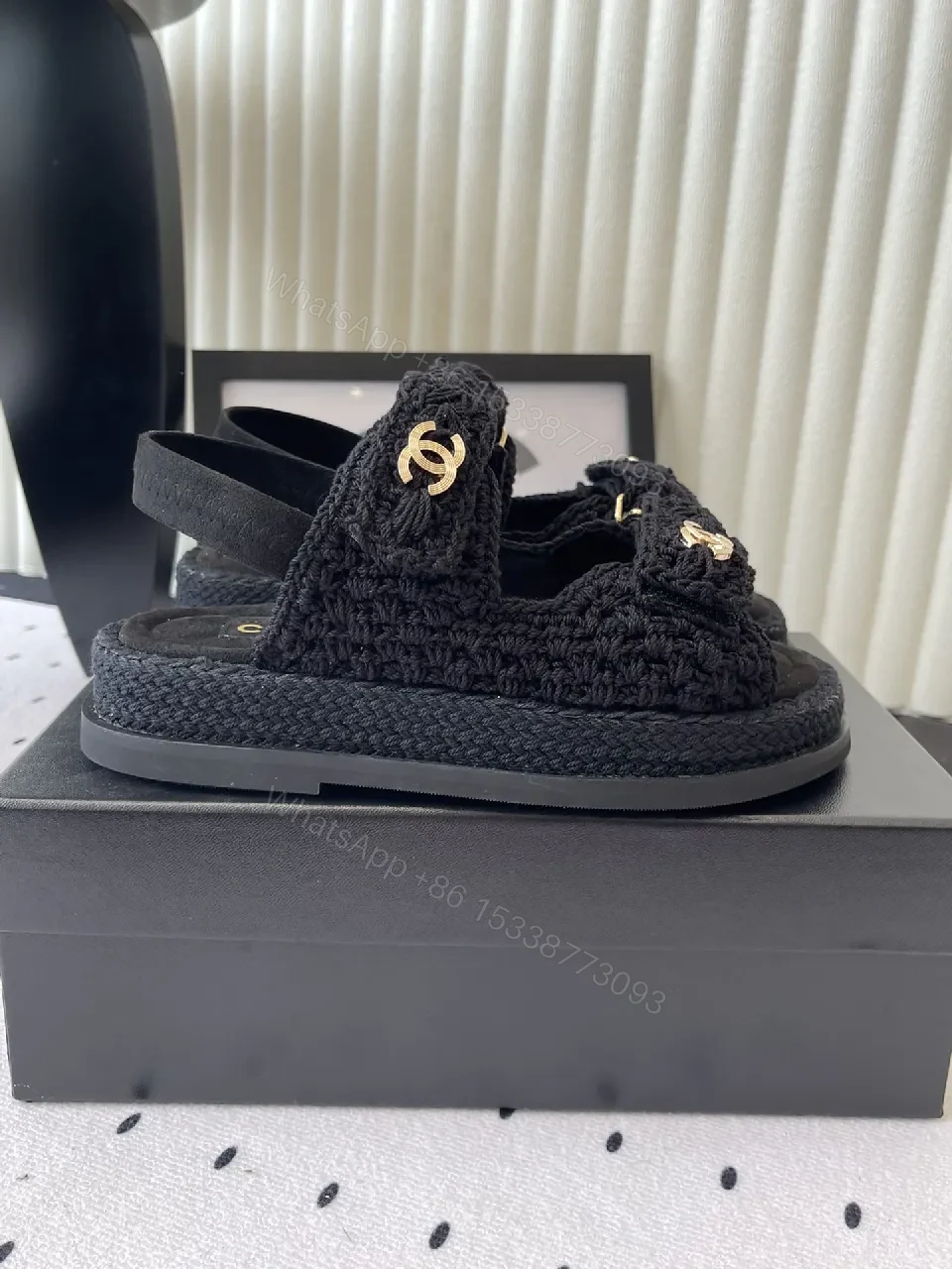 View 4 of Lux Knit Sandals: Black Knit + Gold Emblem, Open-Toe Comfort