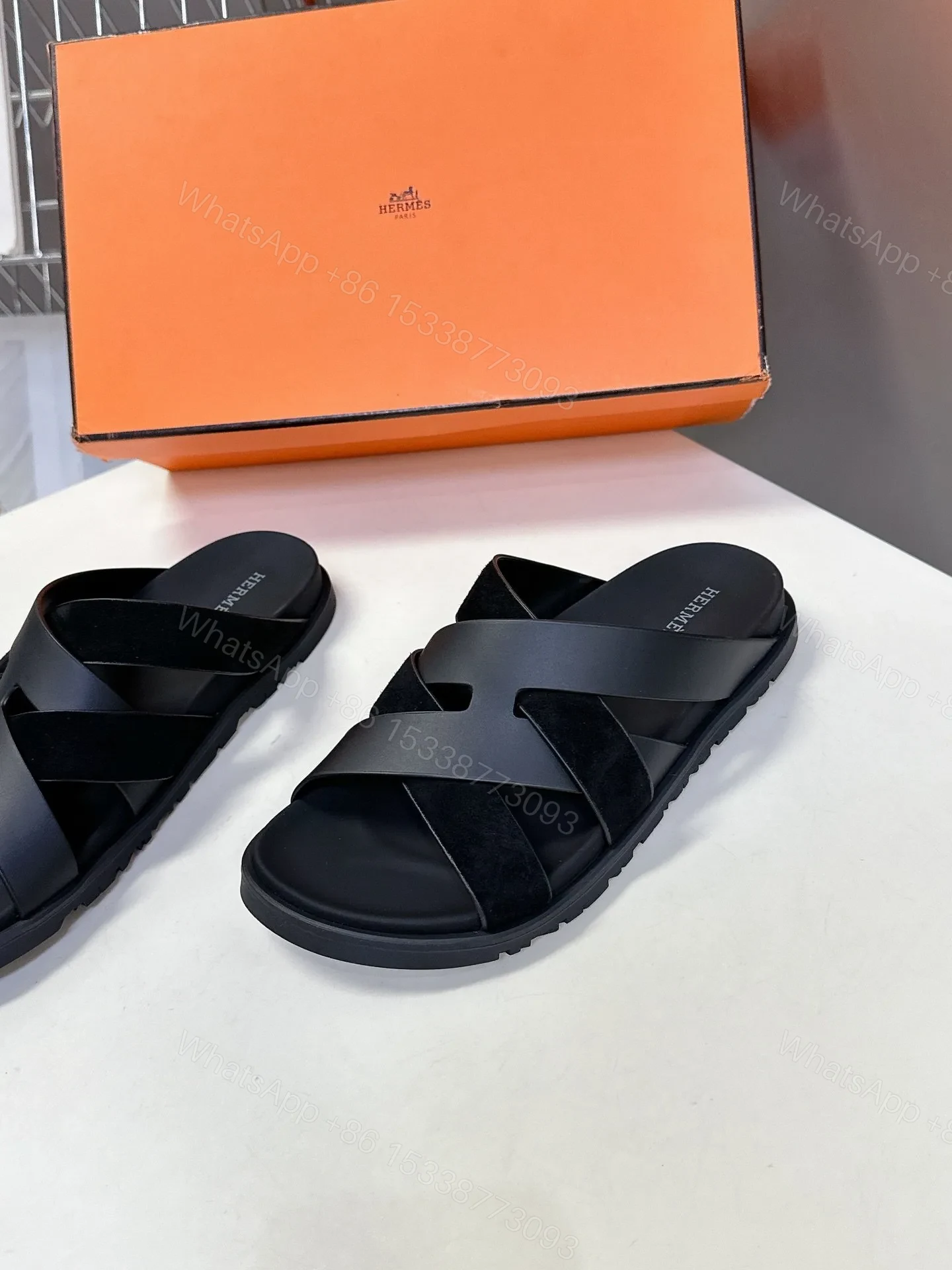 View 4 of Hermes Women Black Leather Suede Sandals