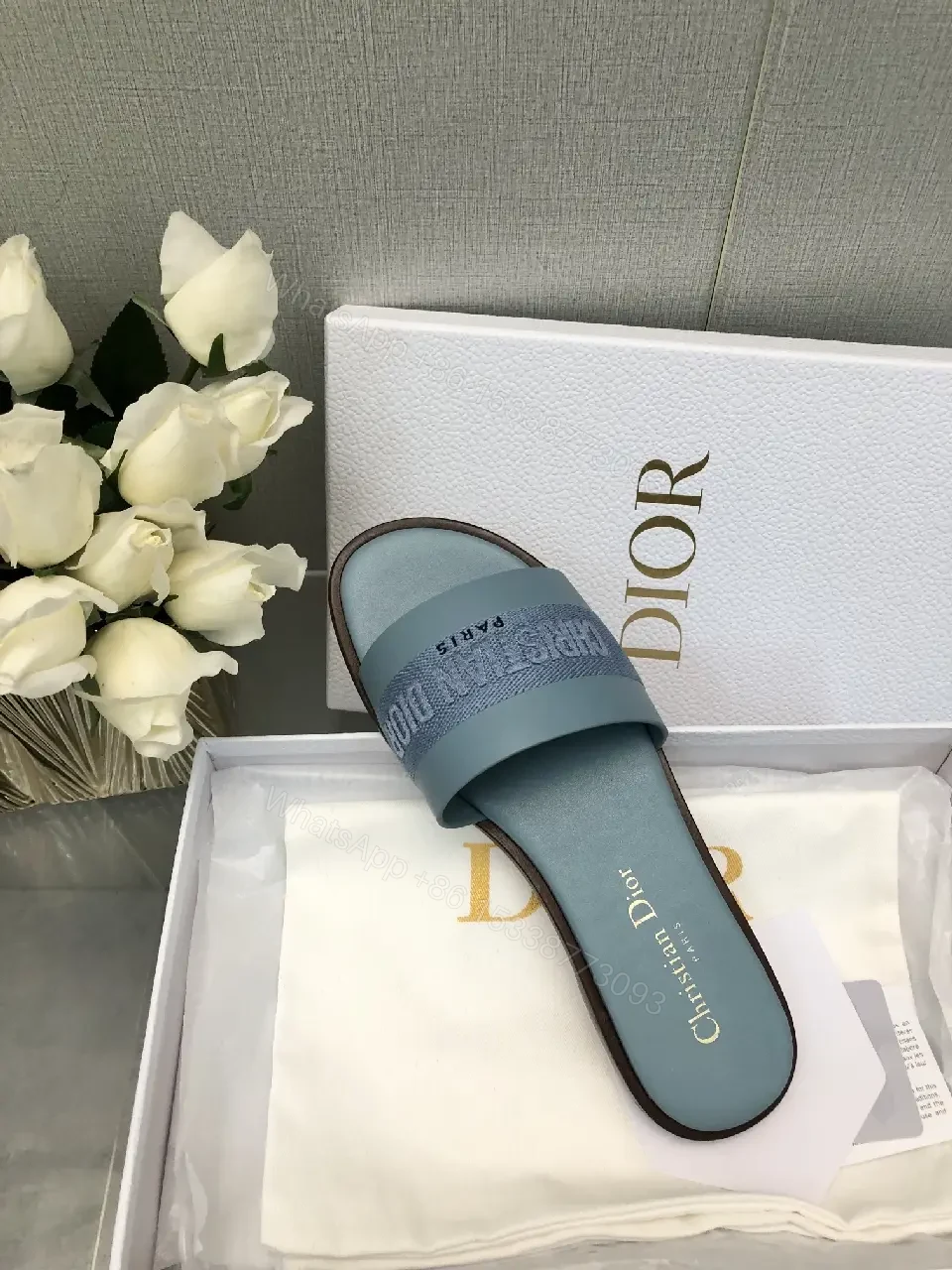 View 5 of Blue Denim Strap Slide Sandals Dior Paris Style Lightweight Comfort Sandal