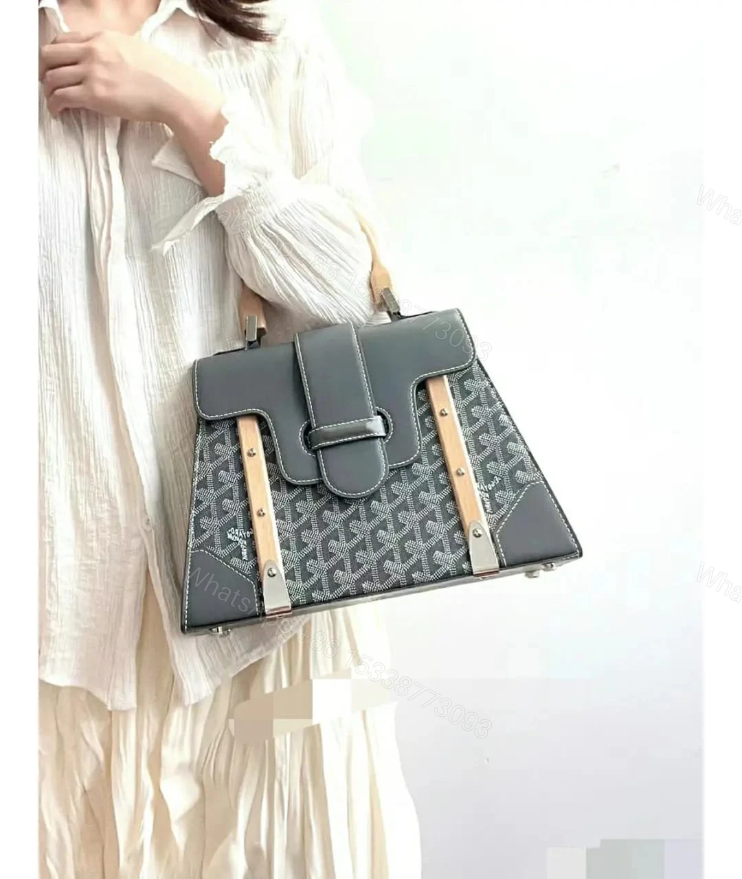 View 2 of Goyard Goyardine Saigon Grey Big PM Top Wooden Handle Bag First Copy | AAA+ Replica