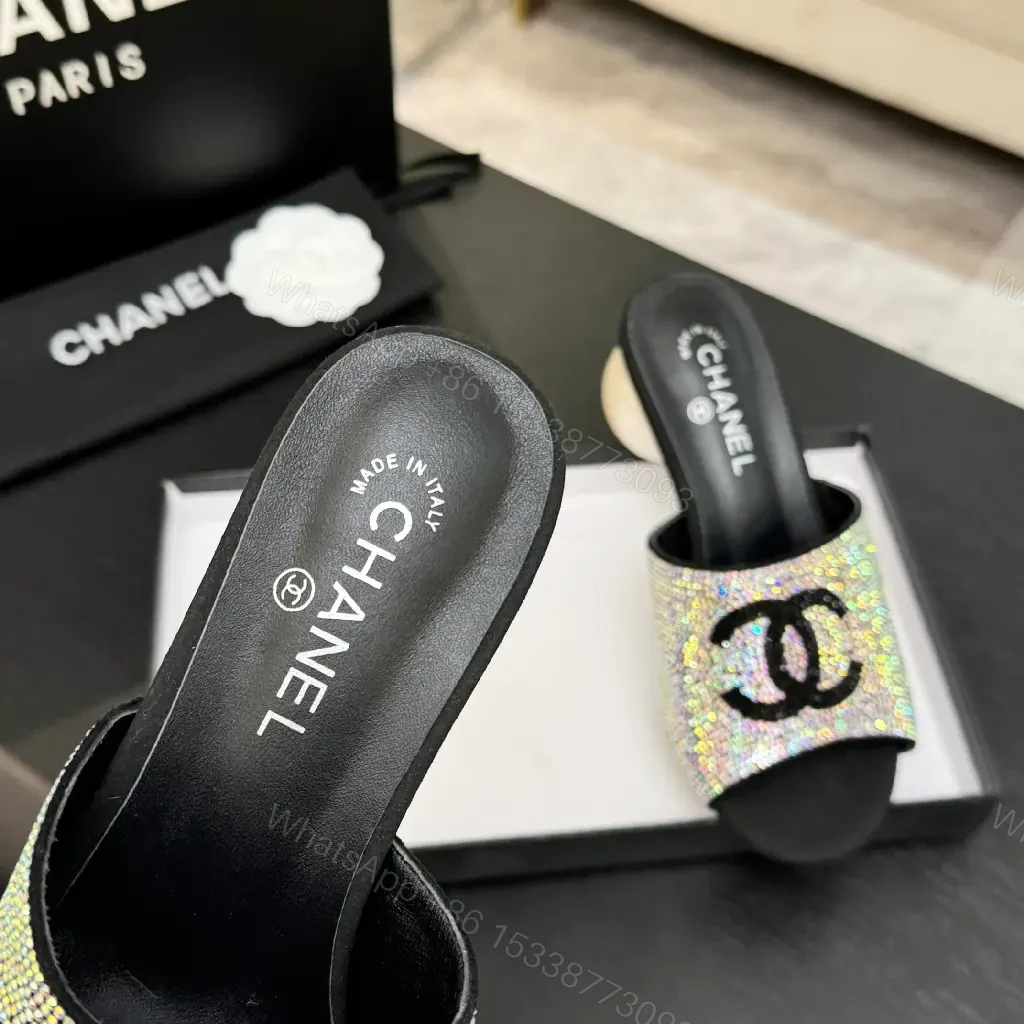 View 7 of Black Crystal-Embellished Satin Chanel Mules