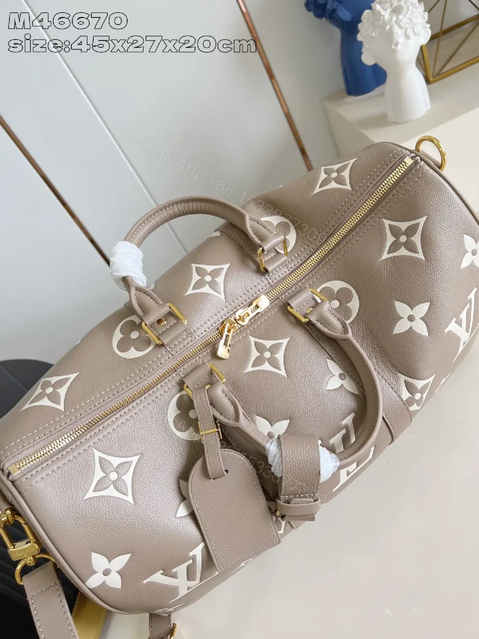 View 4 of Taupe Canvas Weekender: Monogram Luxe, Structured Carryall