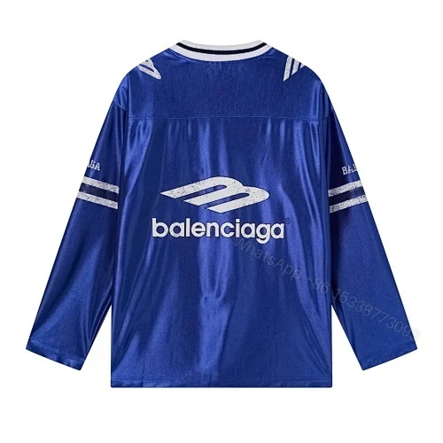 View 3 of Balenciaga Clothes 3B Silhouette Ribbed V-Neck Printed Long-Sleeve T-Shirt Black/Blue/Gray