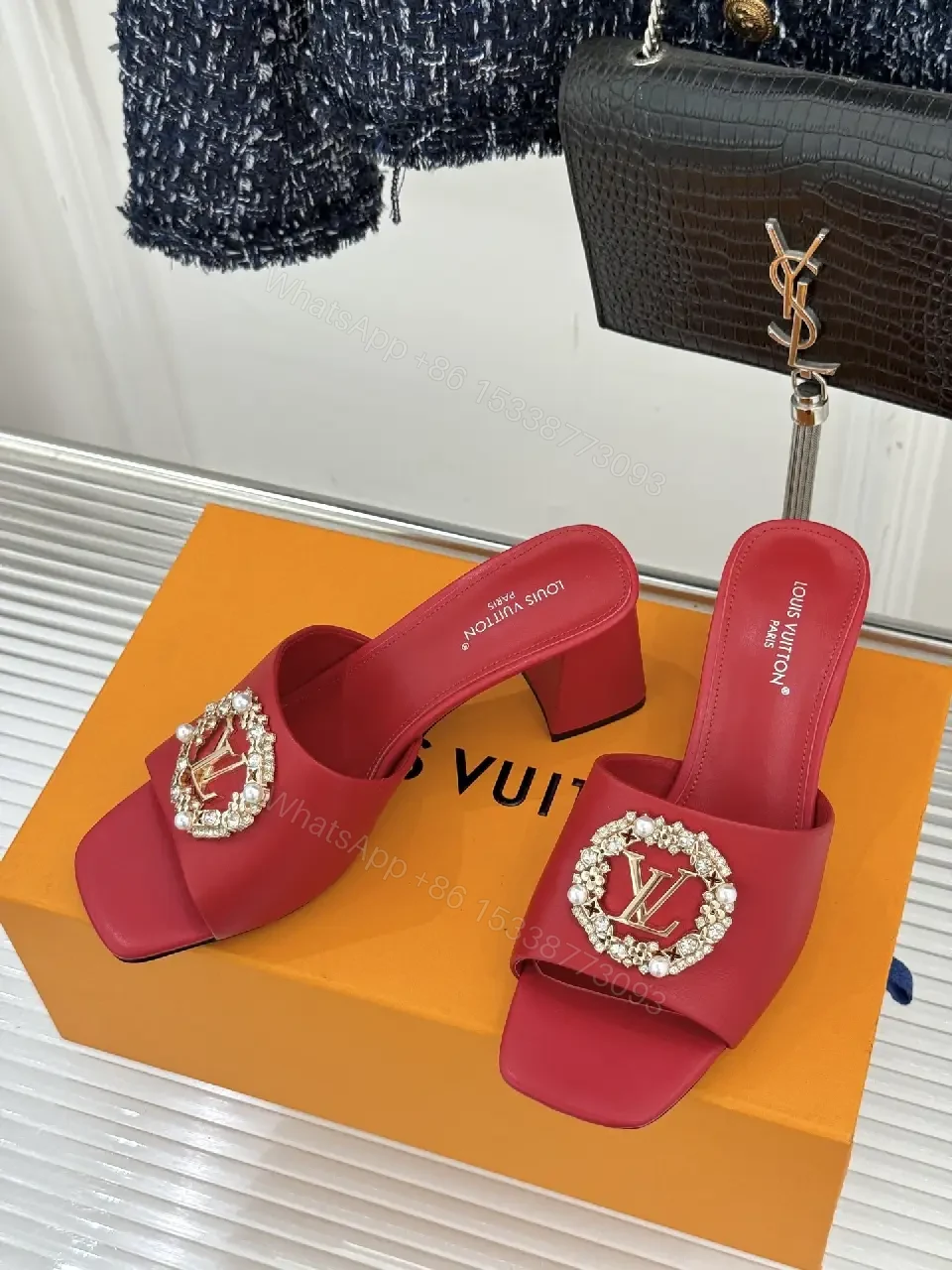 View 9 of Red Satin Luxe Slides with Crystal Buckle - Open-Toe 2-Inch Heel