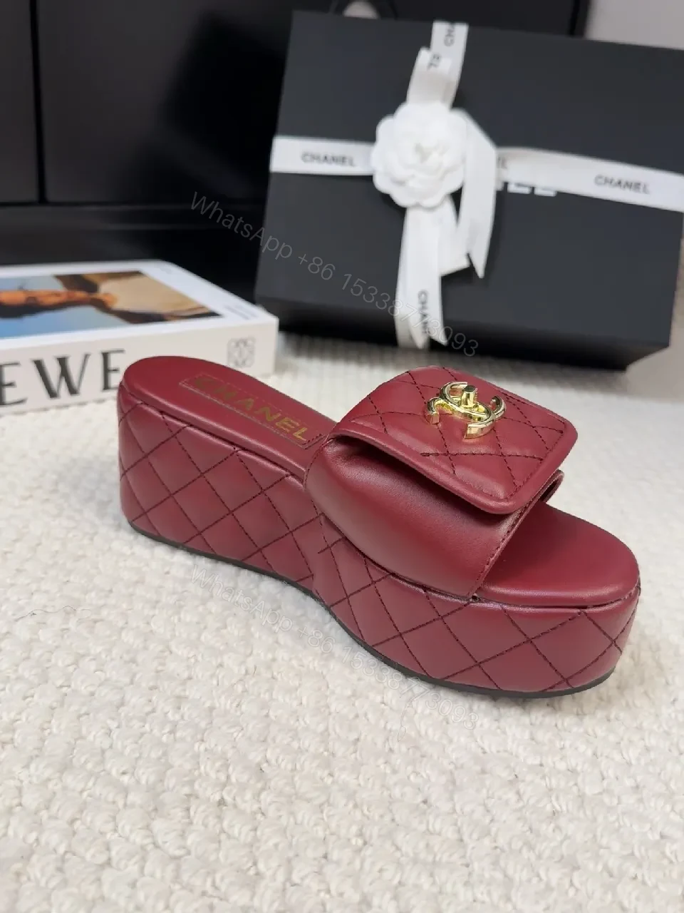 View 5 of Burgundy Quilted Slides with Gold Hardware, Luxury Comfort
