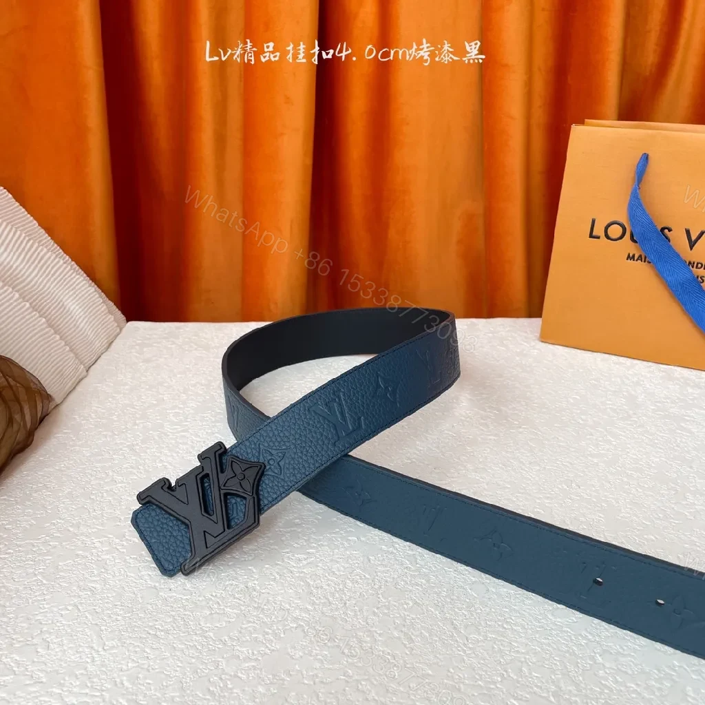 Blue Leather Belt with Iconic Hardware—Monogram Texture, Durable Comfort — view 1