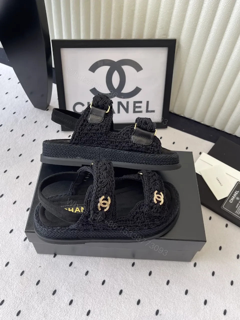 View 3 of Lux Knit Sandals: Black Knit + Gold Emblem, Open-Toe Comfort