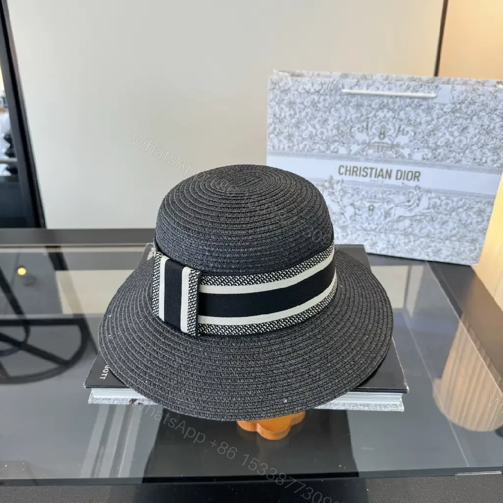 View 3 of Black Woven Straw Hat with Ribbon Band, Dior-Inspired Straw Hat