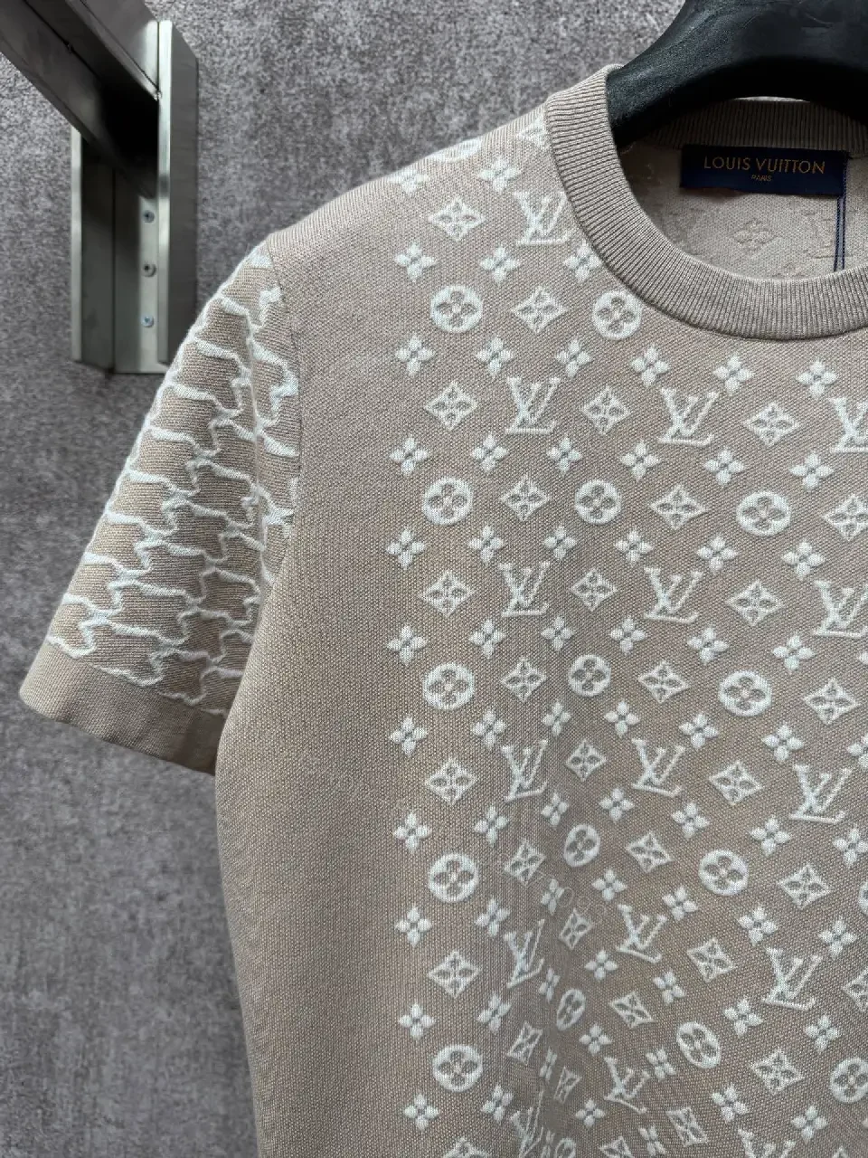 View 5 of Beige Monogram Knit Tee: Subtle Luxury Shirt