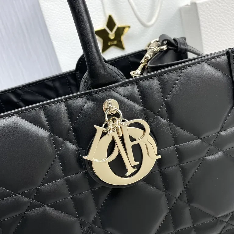 View 3 of Structured Black Quilted Handbag with Dior Charm