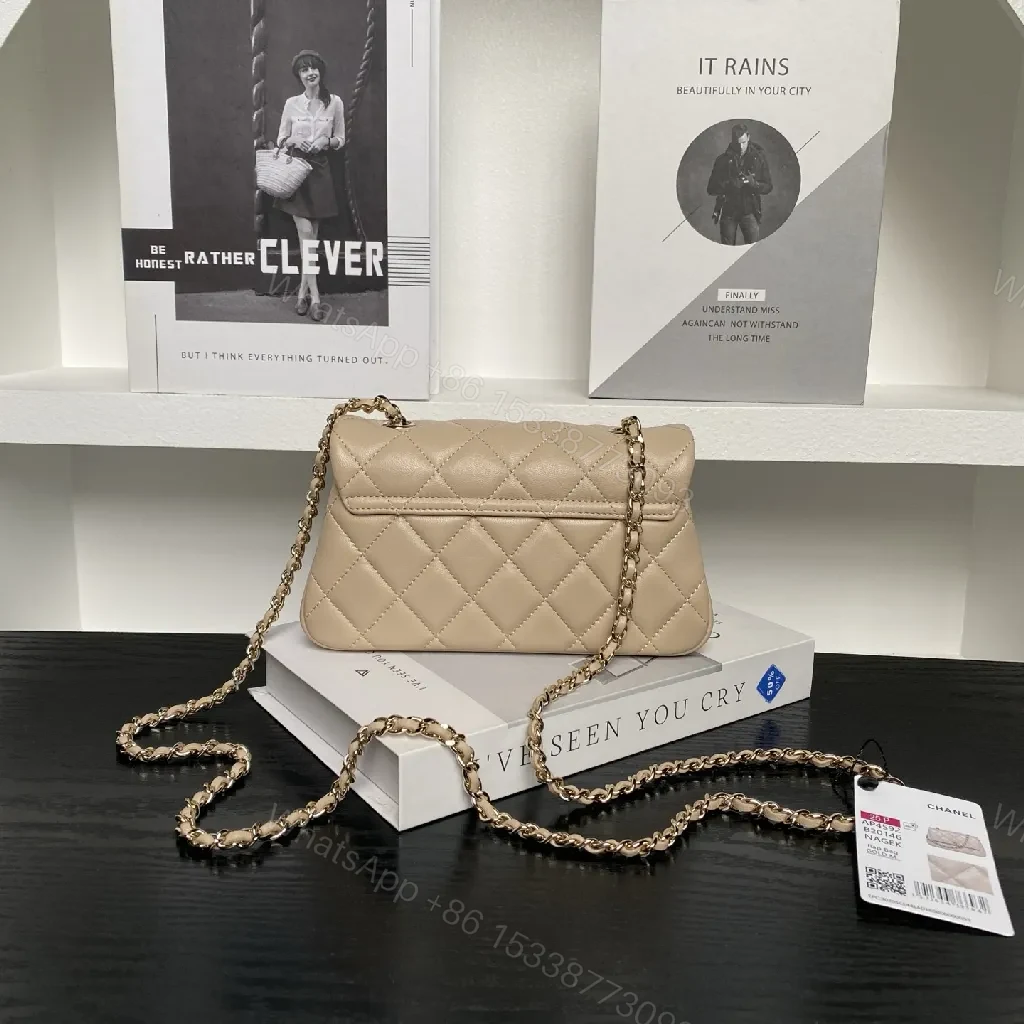 View 3 of Toasted Beige Quilted Leather Shoulder Bag — Gold Chain, Compact Lux