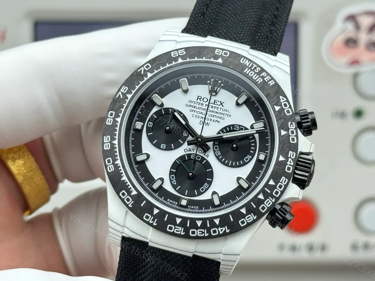 View 5 of Rolex Daytona Carbon Fiber Silver Panda Replica 40MM Premium Black Fabric Strap RG-ROLEX-DAYTONA-SILVER-PANDA