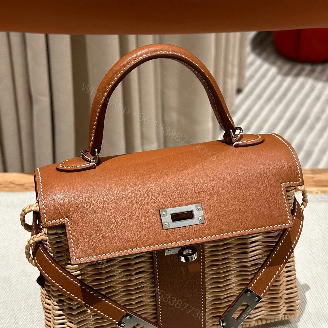 View 5 of KELLY PICNIC HANDBAG IN BROWN & NATURAL LEATHER AND WICKER SILVER HARDWARE