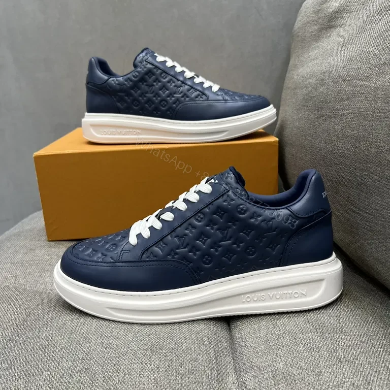 View 2 of Navy Leather LV-Patterned Low-Top Sneakers â€” Modern Luxury