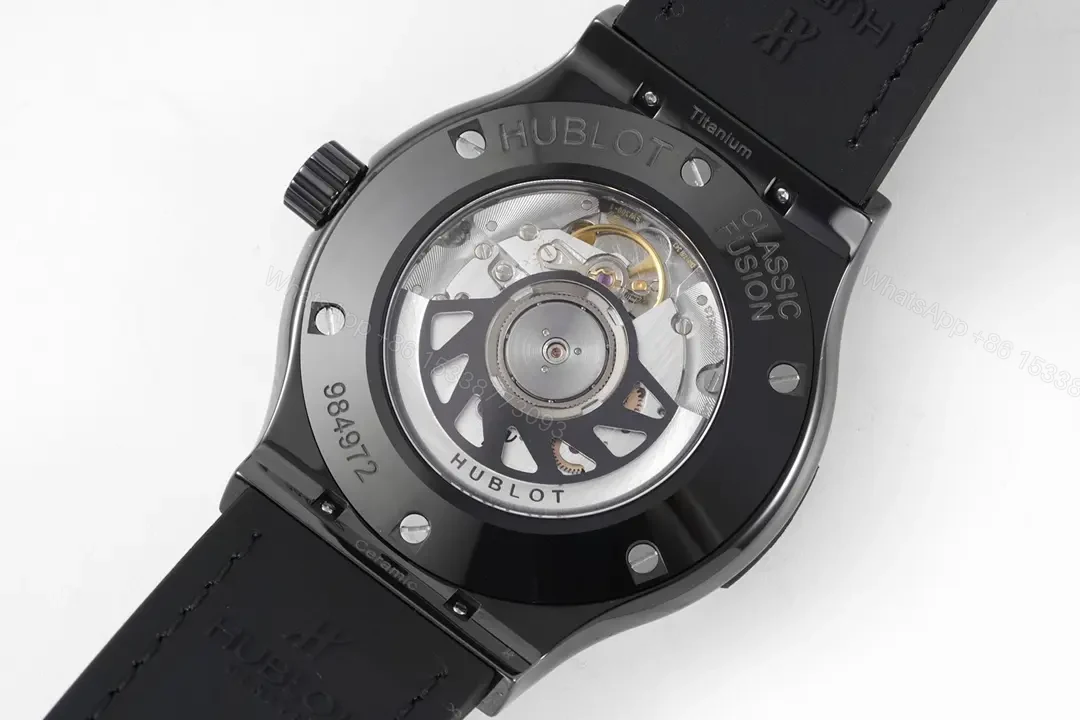 View 8 of Hublot Classic Fusion Black Ceramic Automatic Watch with H-Shaped Titanium Screws and Crocodile Leather Strap