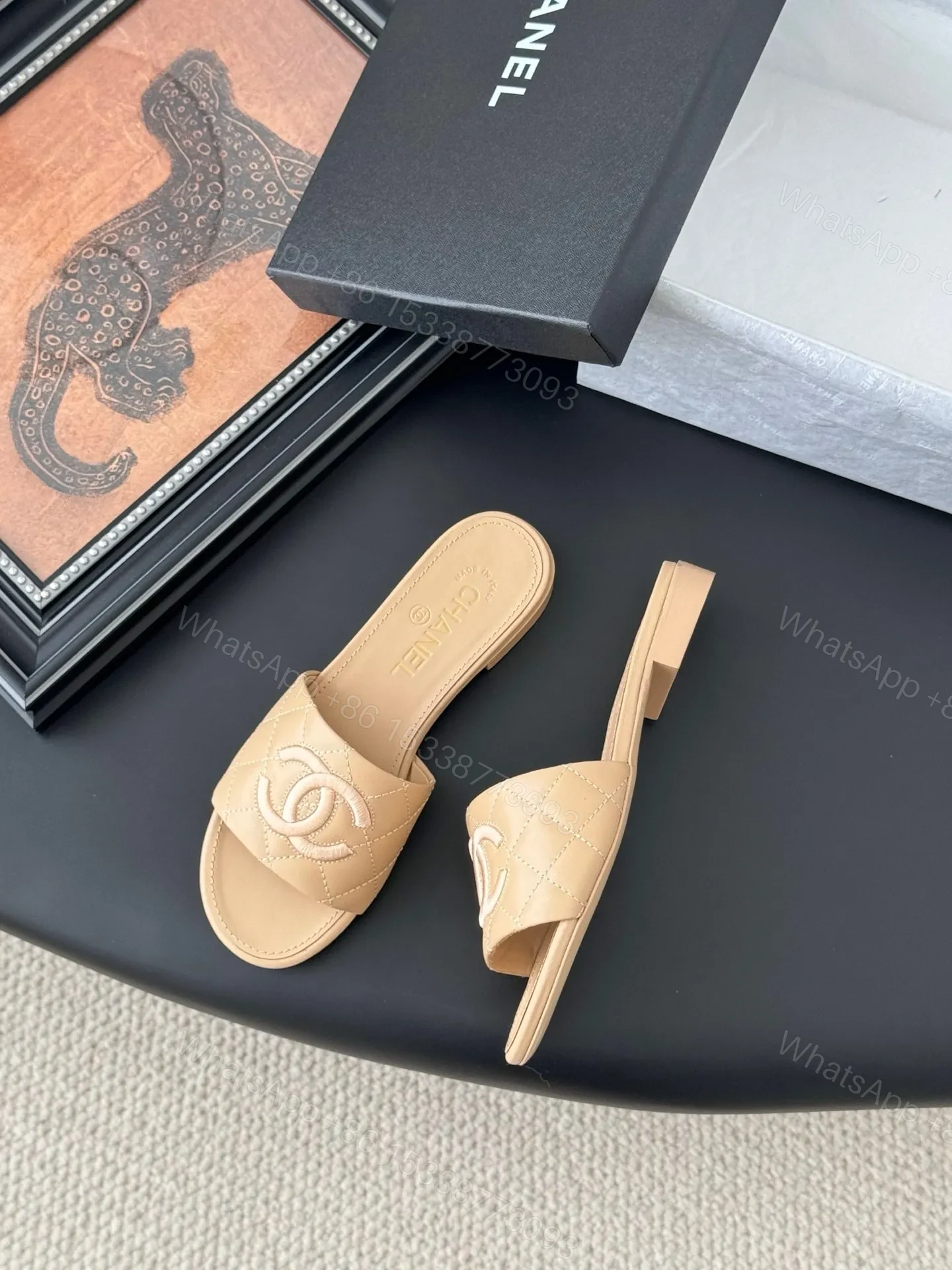 View 3 of Chanel Women Beige Quilted Leather Slides