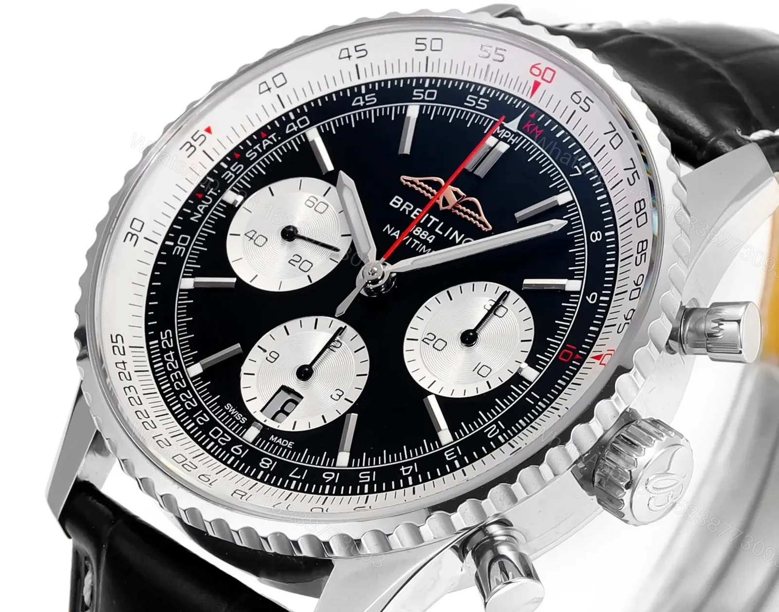 View 4 of Super Clone Breitling Navitimer B01 Reverse Panda Leather Strap 43MM Premium AB0121211B1P2