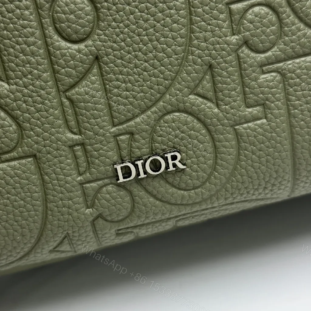 View 4 of Olive Leather-Textured Compact Backpack with Dior-Inspired Pattern