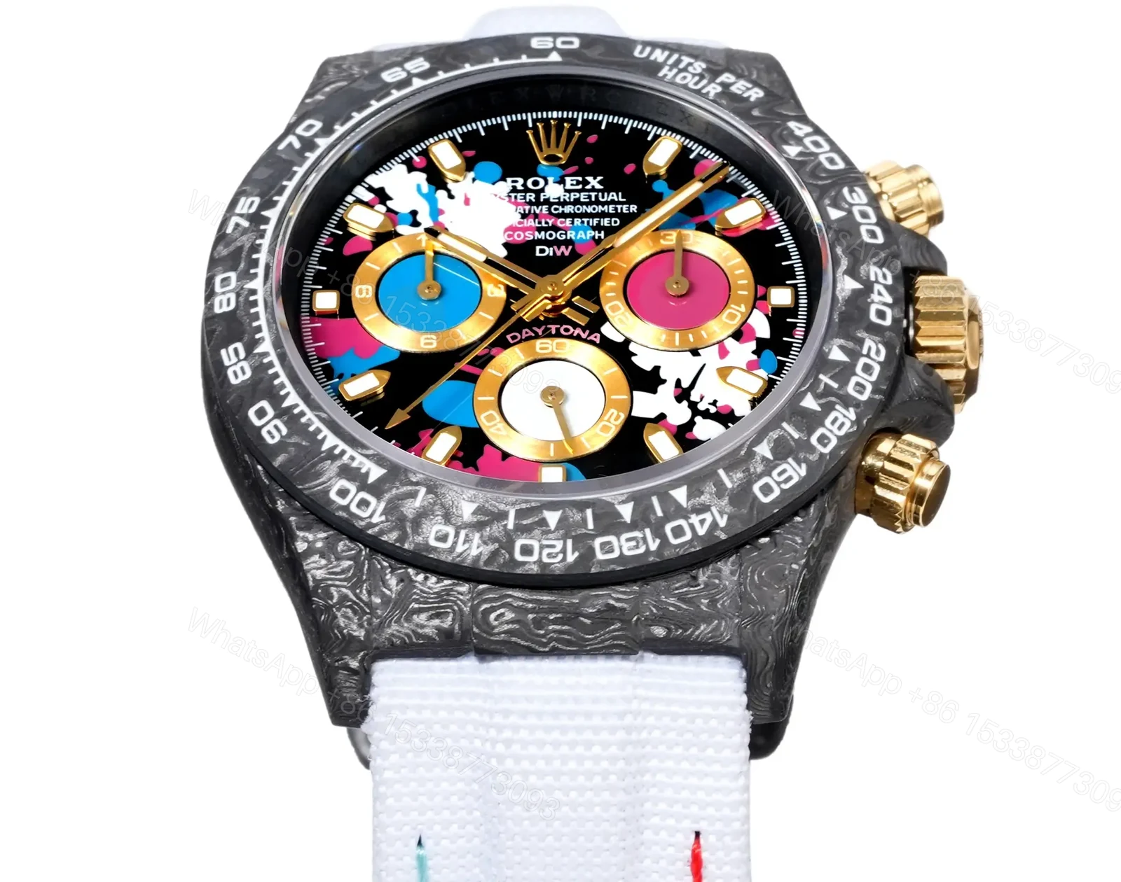 View 2 of Best Rolex Daytona Carbon Art Dial replica 40MM White Fabric Strap Edition RG-DAYTONA-CARBON-ART-WHITE-STRAP-40