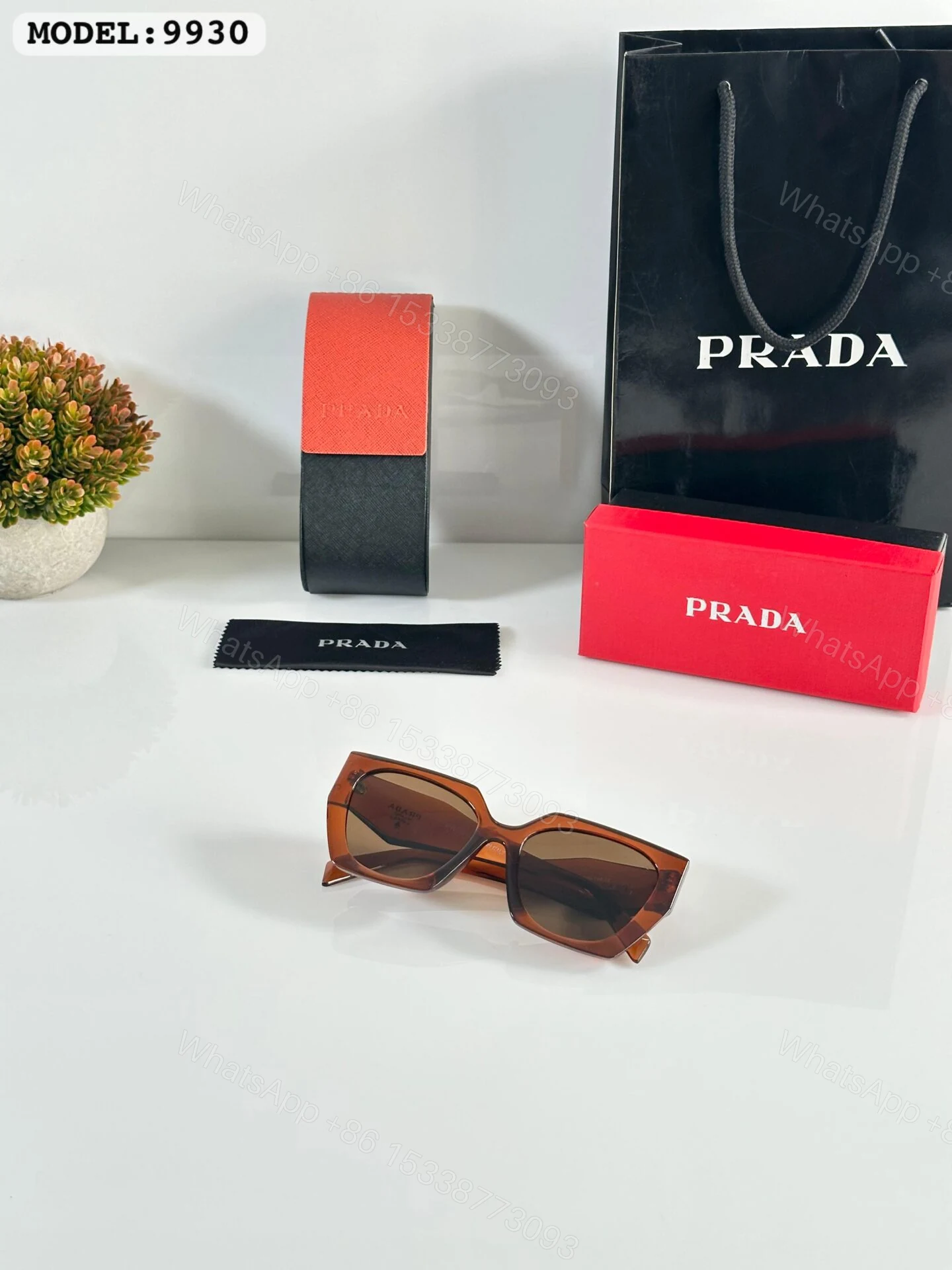 View 2 of Prada 9930 Brown Square Sunglasses Plastic Frame