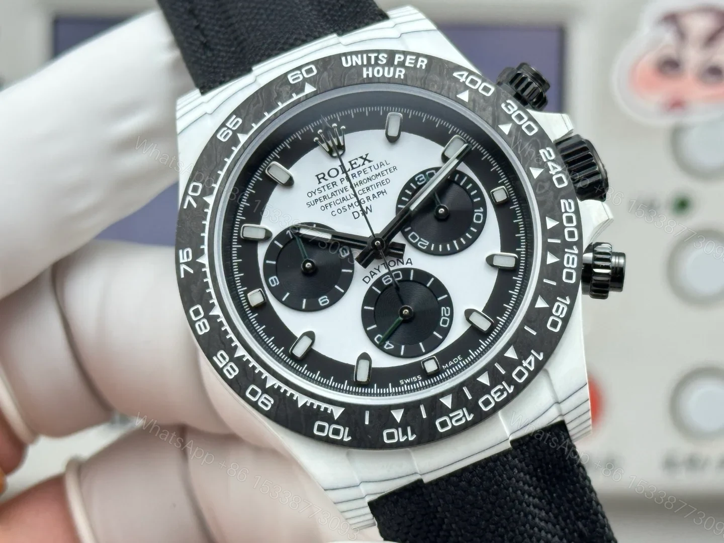 View 4 of Rolex Daytona Carbon Fiber Silver Panda Replica 40MM Premium Black Fabric Strap RG-ROLEX-DAYTONA-SILVER-PANDA