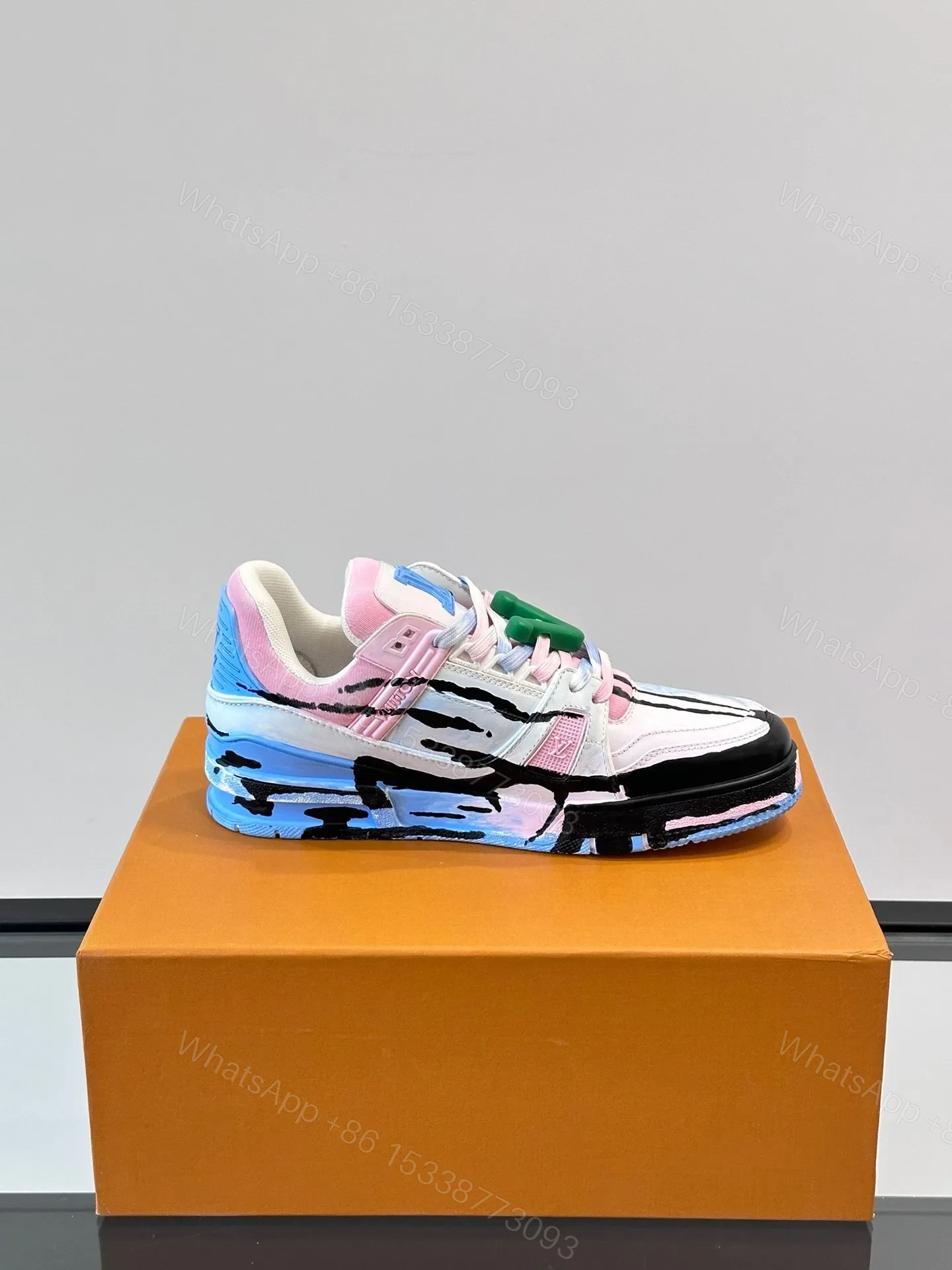 View 6 of LV Men White Pink Blue Leather Sneakers