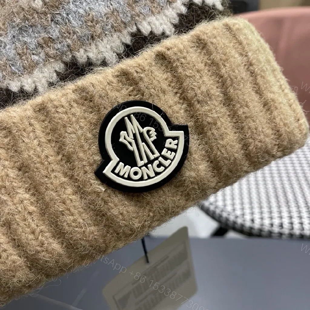 View 3 of Textured Knit Beanie: Luxury Moncler Badge Warmth Cap