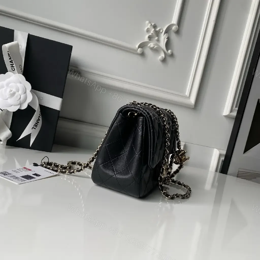 View 7 of Black Quilted Leather Flap Bag with Chain, Classic Weekender Elegance