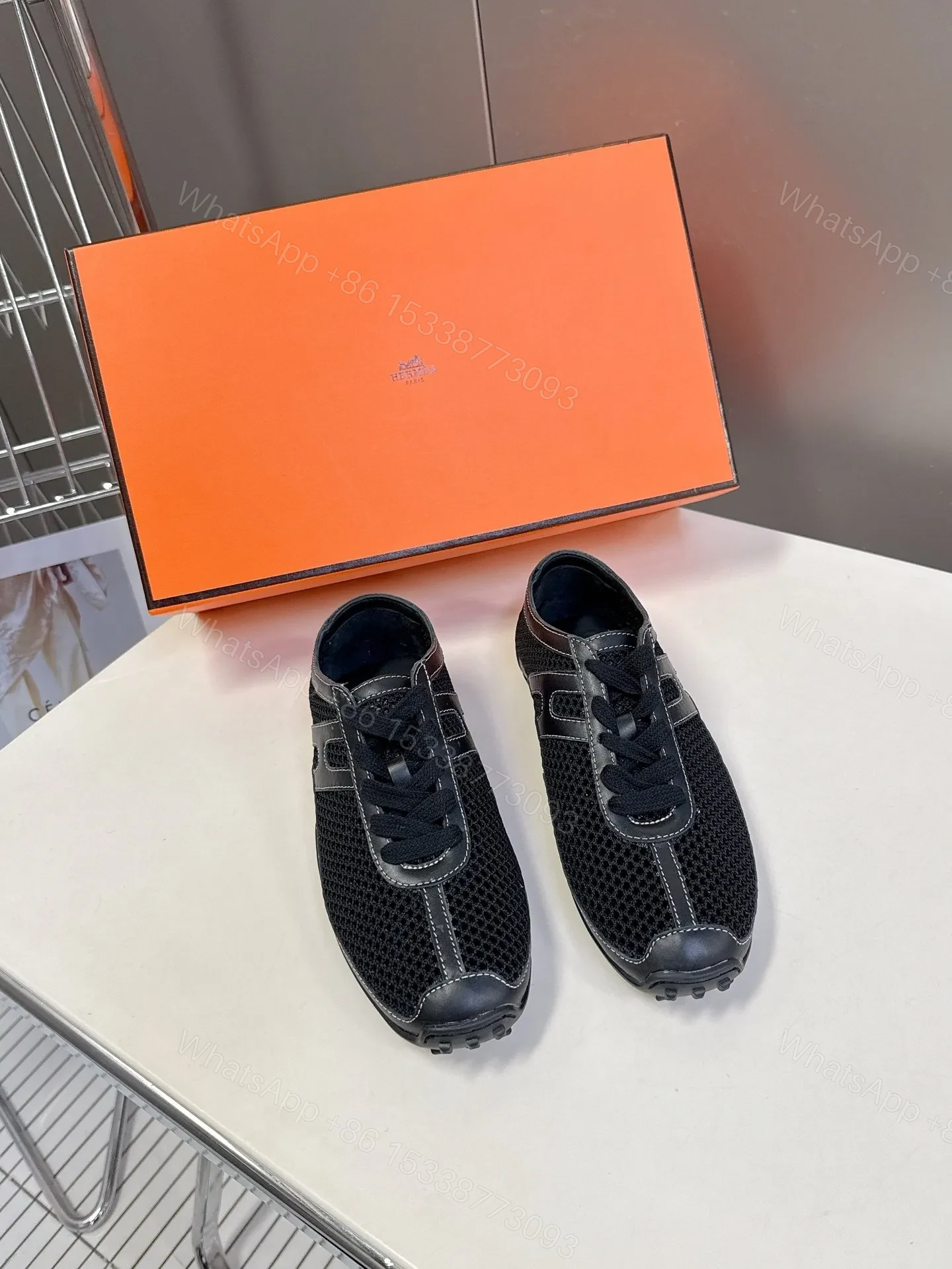 Hermes Women Black Mesh Leather Sneakers — view 1