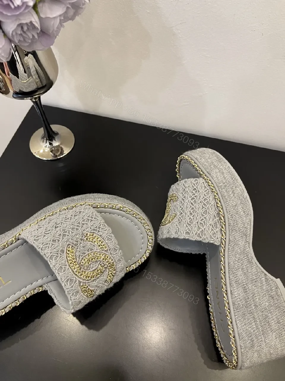 View 9 of Neutral Textile Slip-Ons with Gold-Chain Edge