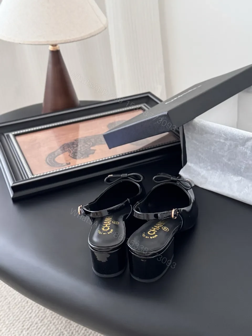 View 2 of Black Patent Slingbacks with Bow Detail - Low Block Heel, Pointed Toe, Slingback Strap