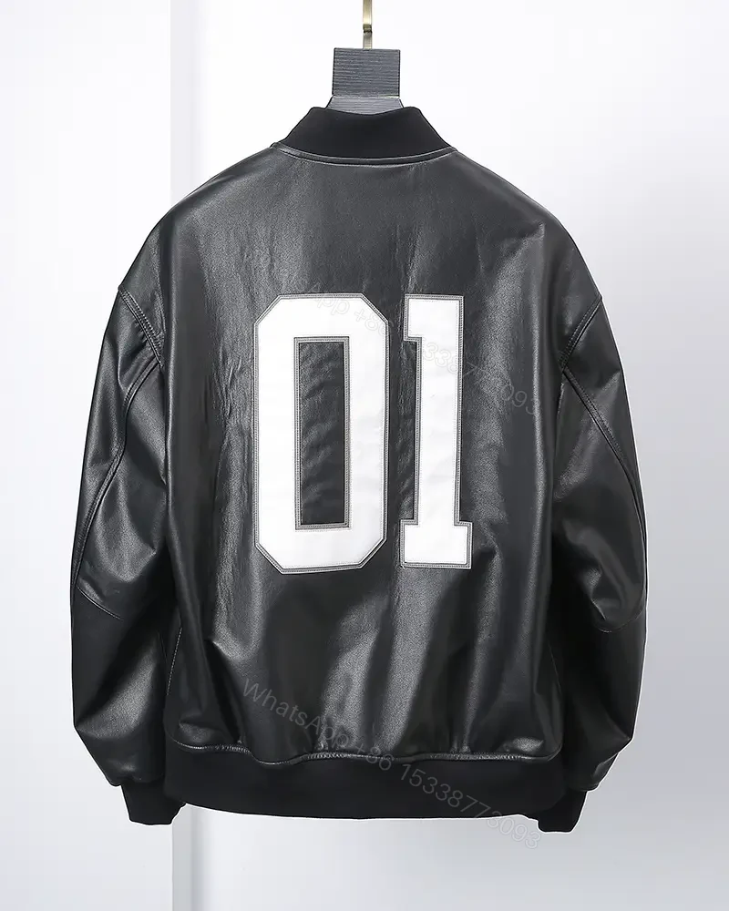 View 6 of Bold Leather Varsity Jacket: Designer-Inspired, Luxe Texture, Durable