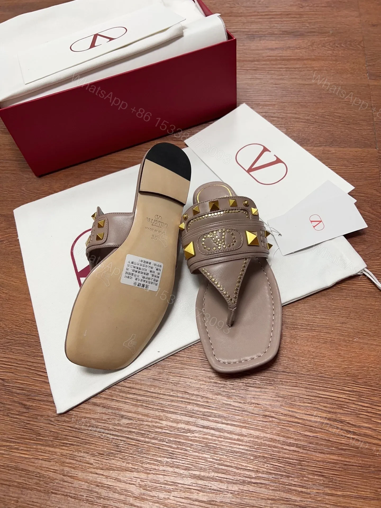 View 6 of Valentino Women Taupe Leather Studded Sandals