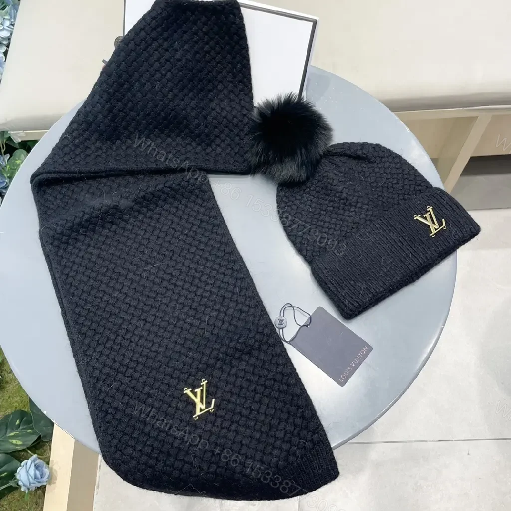 View 3 of Textured Knit Beanie & Scarf Set - Black, Gold Accent