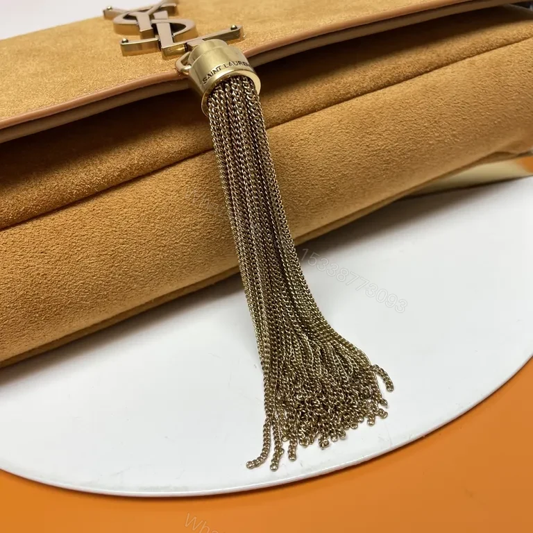 View 4 of Camel Suede Crossbody Bag with Gold YSL Emblem - Tassel Detail