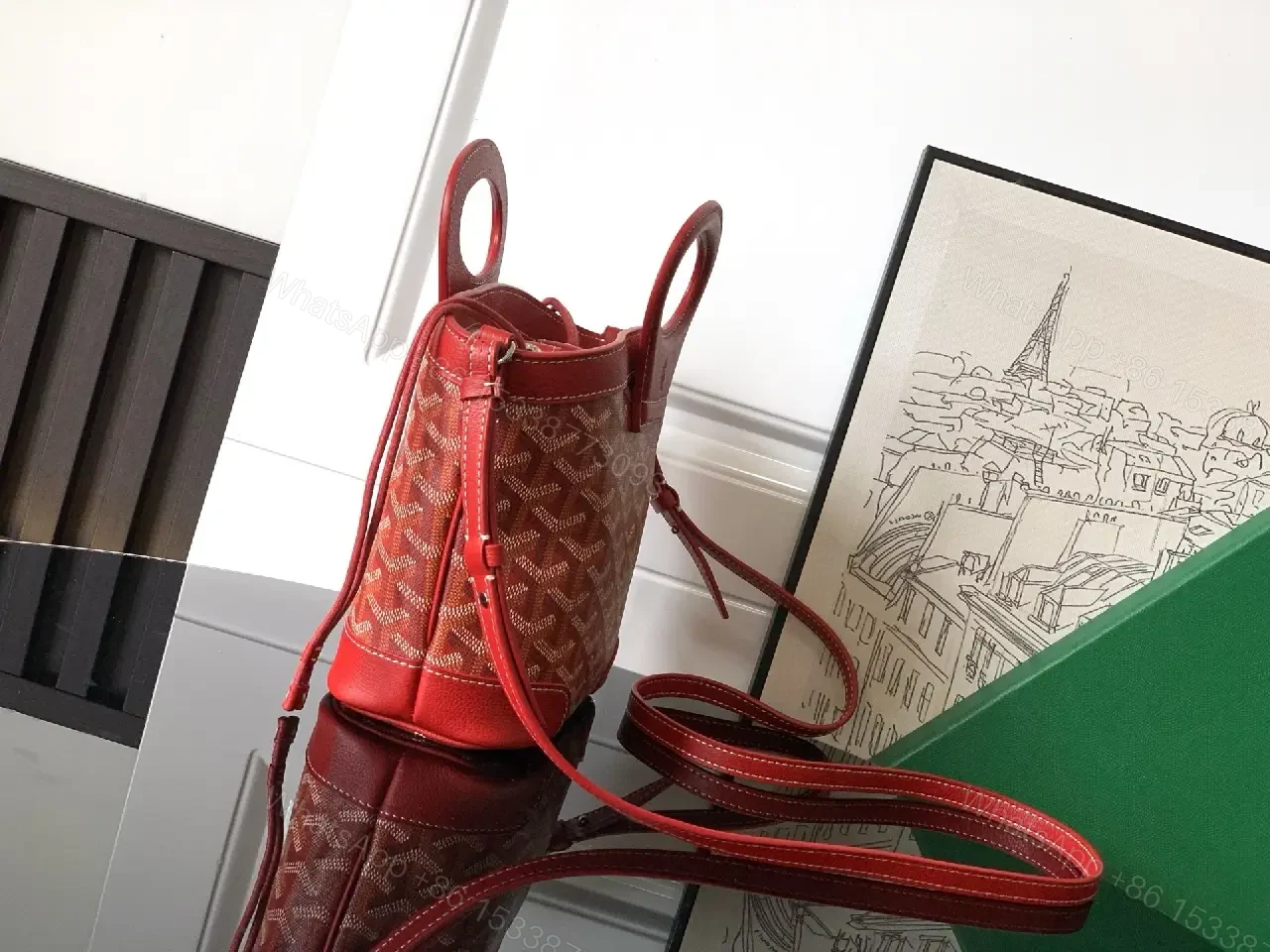 View 8 of Compact Luxury Handbag: Red Leather Trim, Iconic Pattern