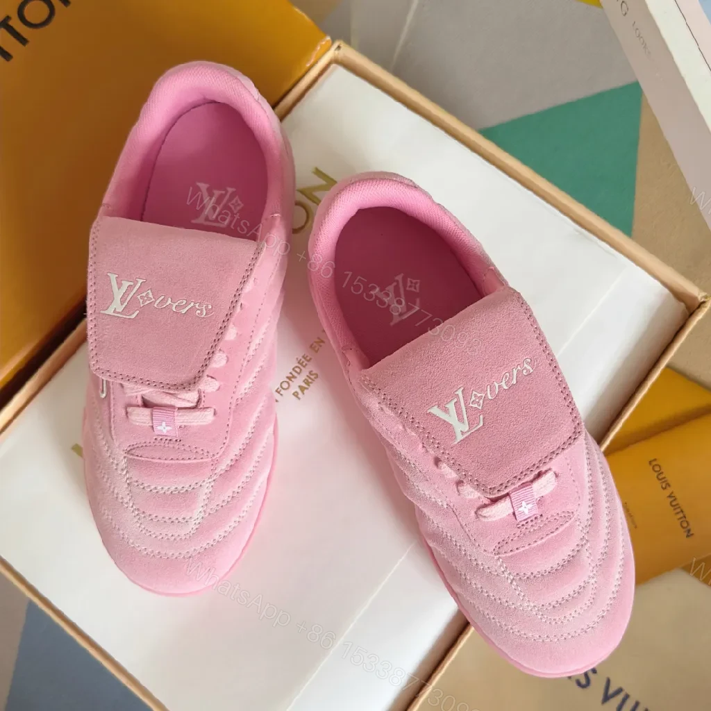 View 2 of Soft Pink Suede Luxe Sneakers with LV Detailing, High‐Top Comfort