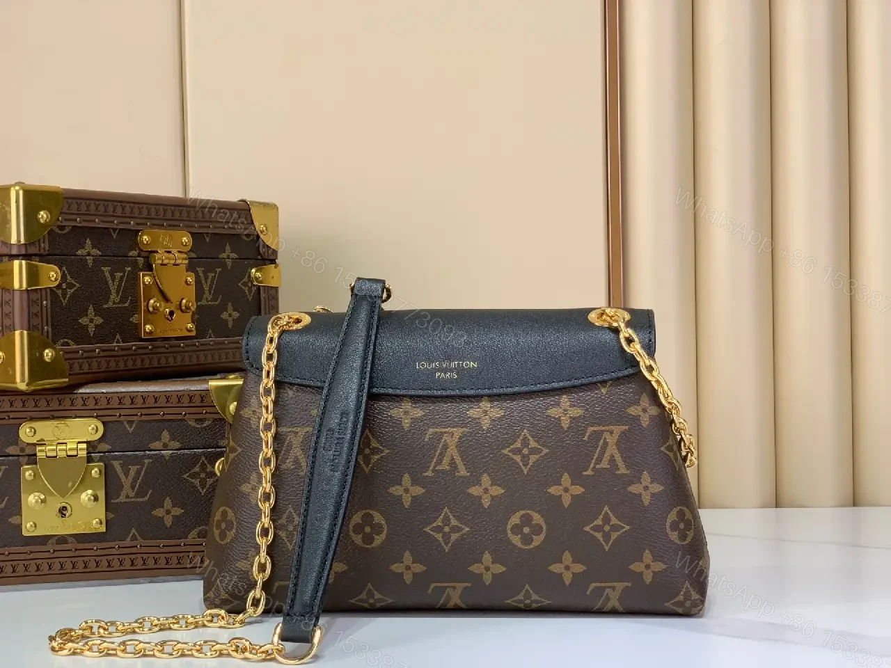 View 2 of Navy Blue Flap LV Monogram Coated Canvas Shoulder Bag