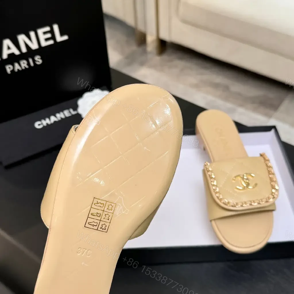 View 3 of Beige Quilted Leather Slide with Gold Crest, Luxe Casual