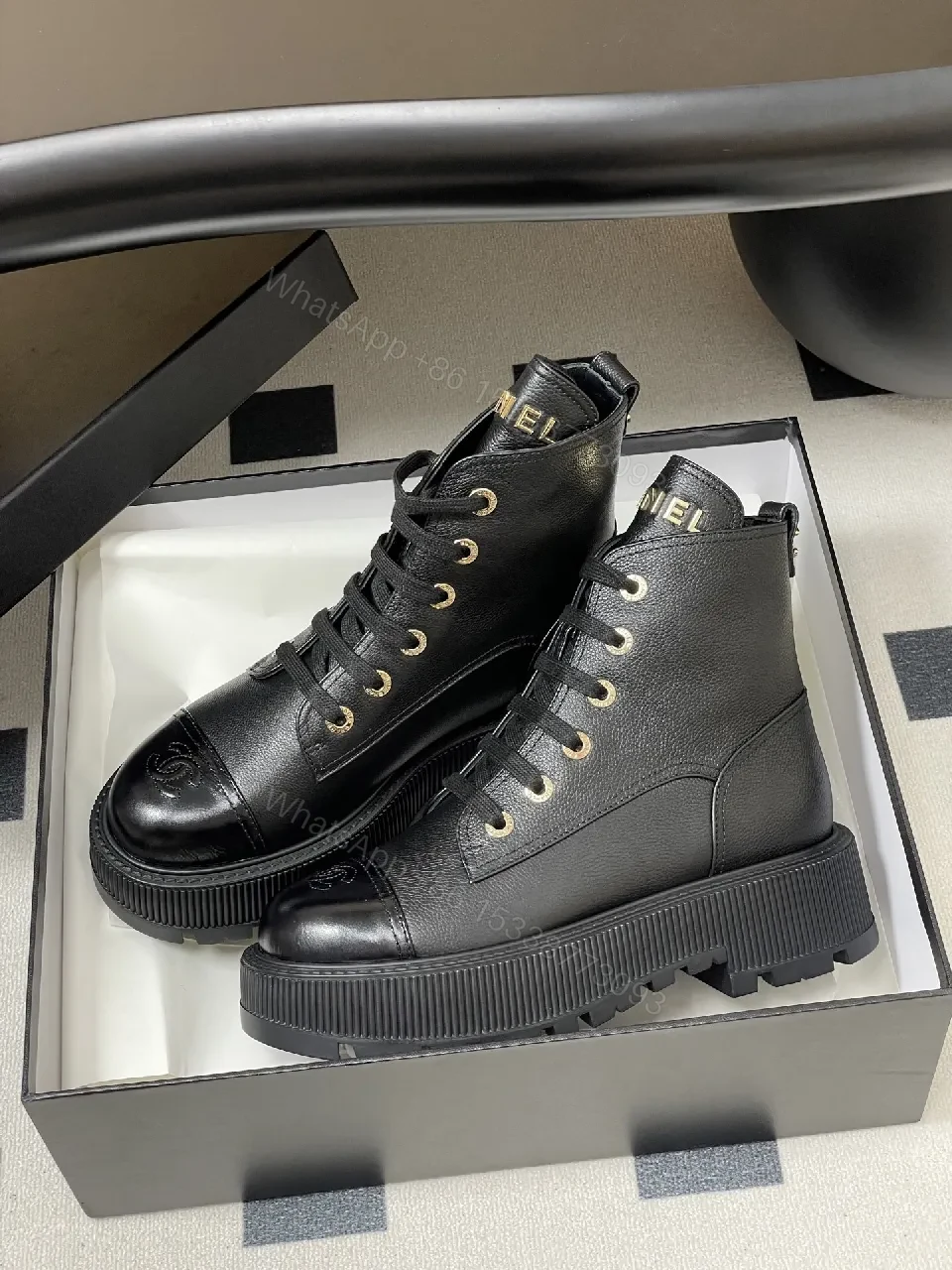 View 8 of Black Leather Combat Boots with Gold Branding Feature