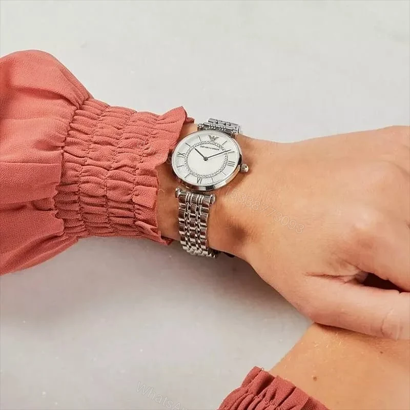 View 2 of First Copy Emporio Armani Silver White Dial Roman Marker Diamond Bezel Women’s Analog Watch