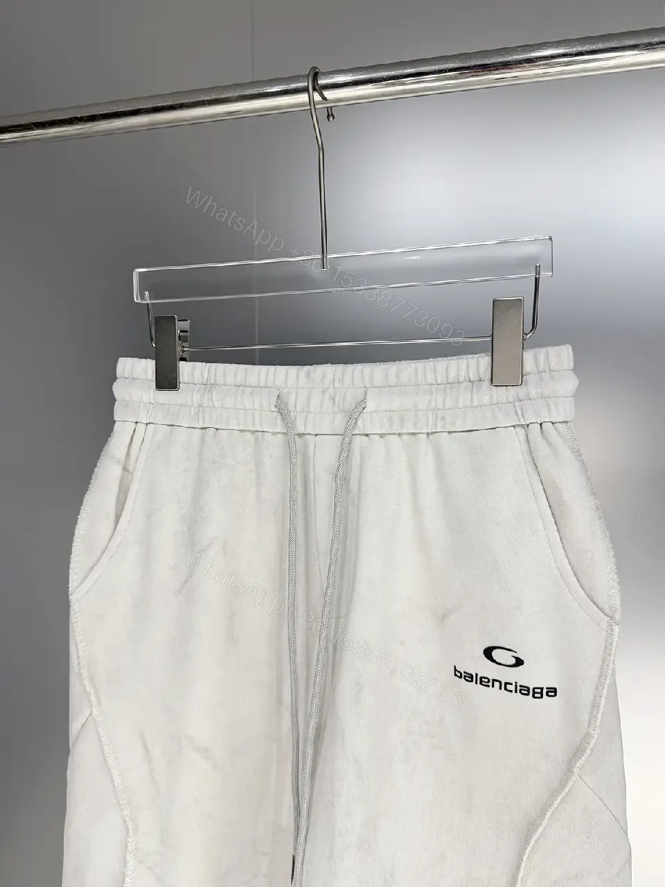 View 3 of Gray Cotton Shorts Modern Drawstring Balenciaga Logo Shorts