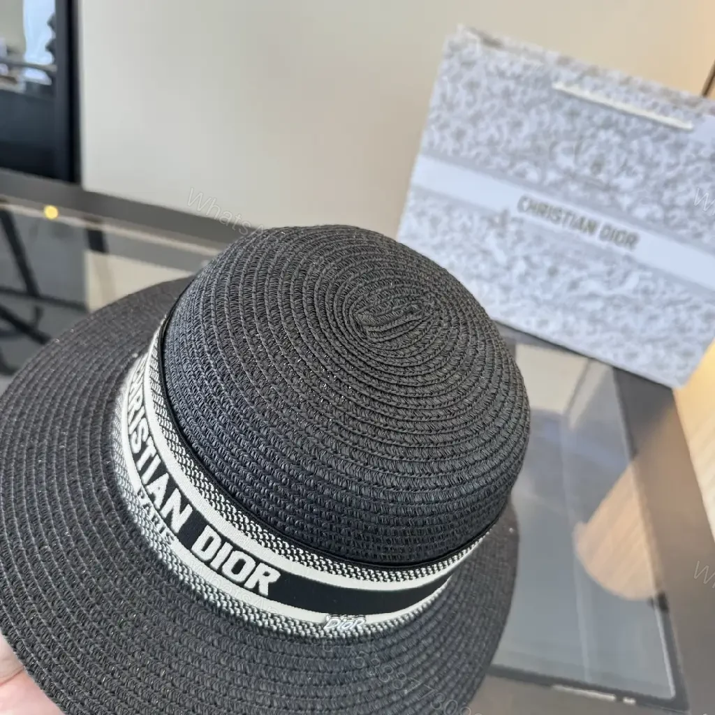 View 5 of Black Woven Straw Hat with Ribbon Band, Dior-Inspired Straw Hat